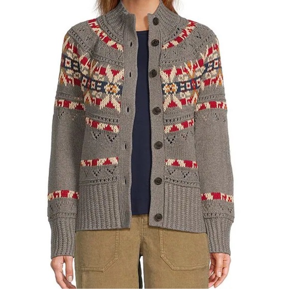 L.L. Bean Signature Fishermen Fair Isle Knit Button Down Cardigan Collar 1X Plus - Picture 1 of 5